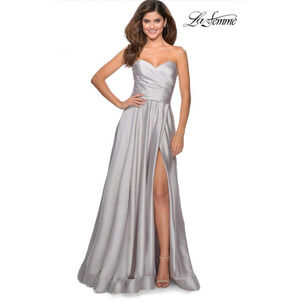LA FEMME Satin Ball Gown Size 12 Silve 28608 Strapless Slit $368 NWOT